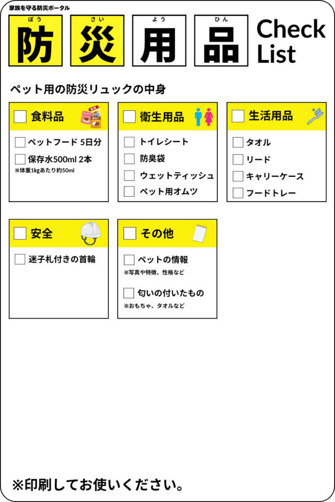 ペット用の防災リュックの中身（チェックリスト）