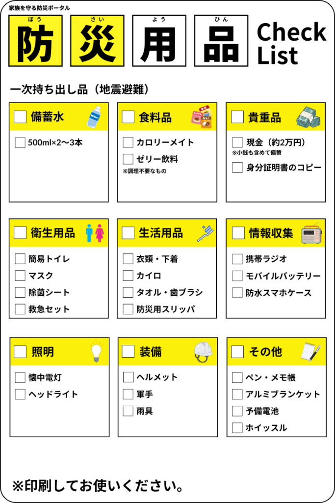 【一次】防災用品チェックリスト（地震避難）
