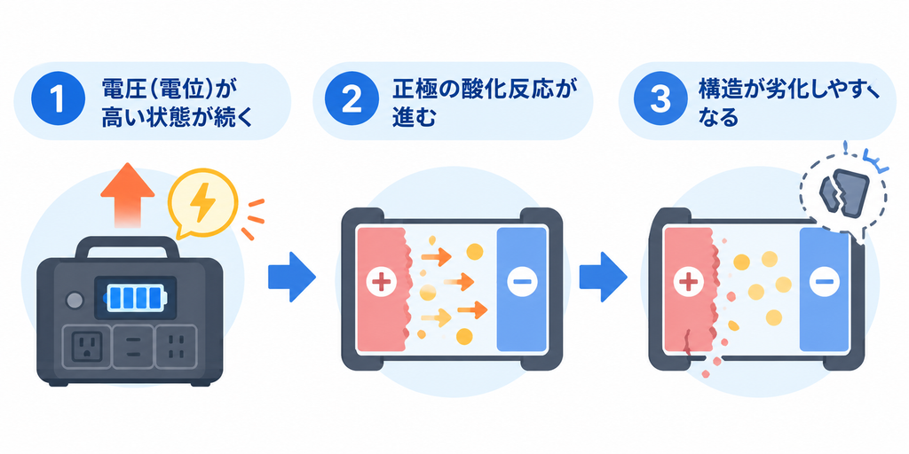 満充電(100%)のまま長期間保管すると劣化が進む